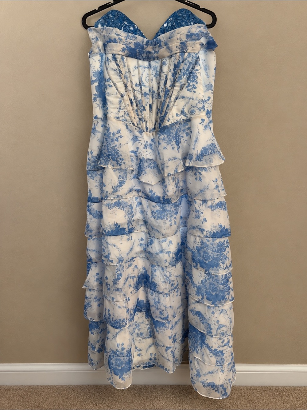 Strapless Blue and White Tiered Ruffle Maxi Dress
